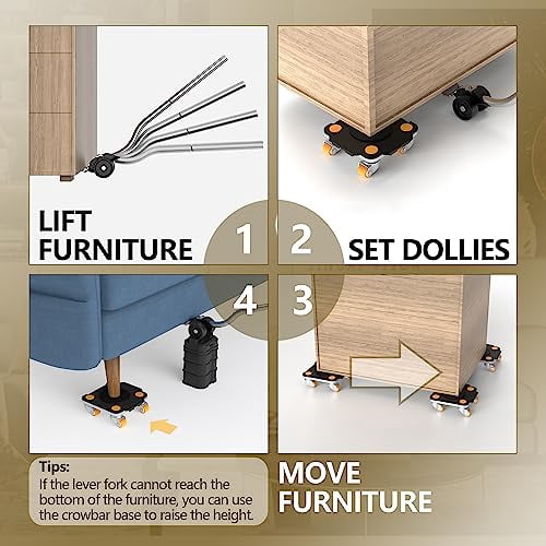 ONEON Furniture Mover with Wheels, 360° Rotation Wheels for Moving Heavy Furniture, Appliances, 880 LB Max Load Capacity with Auxiliary Lifter - Black Connect Dolly Pro