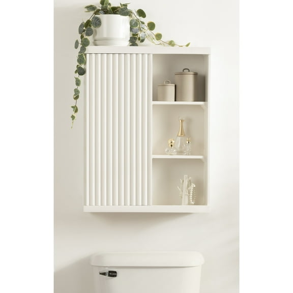 Kate and Laurel Furrow Modern Wooden Ribbed Sliding Door Tall Wall Cabinet, 22 x 7 x 28, White, Floating Bathroom Cabinet with Sliding Door for Use as Over-the-Toilet Storage or Kitchen Spice Rack