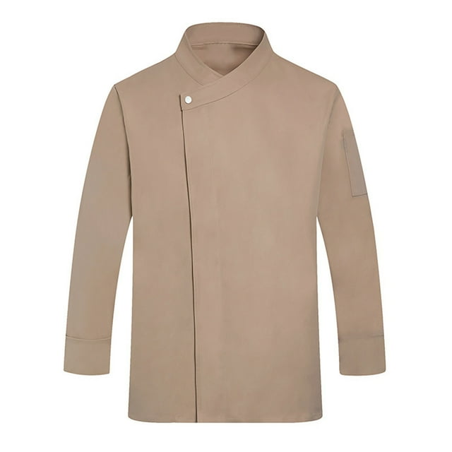 Nokdvo Chef Coat for Men Plus Size Button Closure Breathable Long Sleeve Jackets Spring Summer Loose Uniform with Pockets,Khaki XL