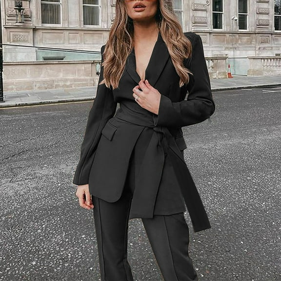 Joau Blazer Sets Women 2 Piece Outifits Open Front One Button Lapel Casual Belted Blazer Jackets and Long Pants Set Elegant Work Office Business Suits