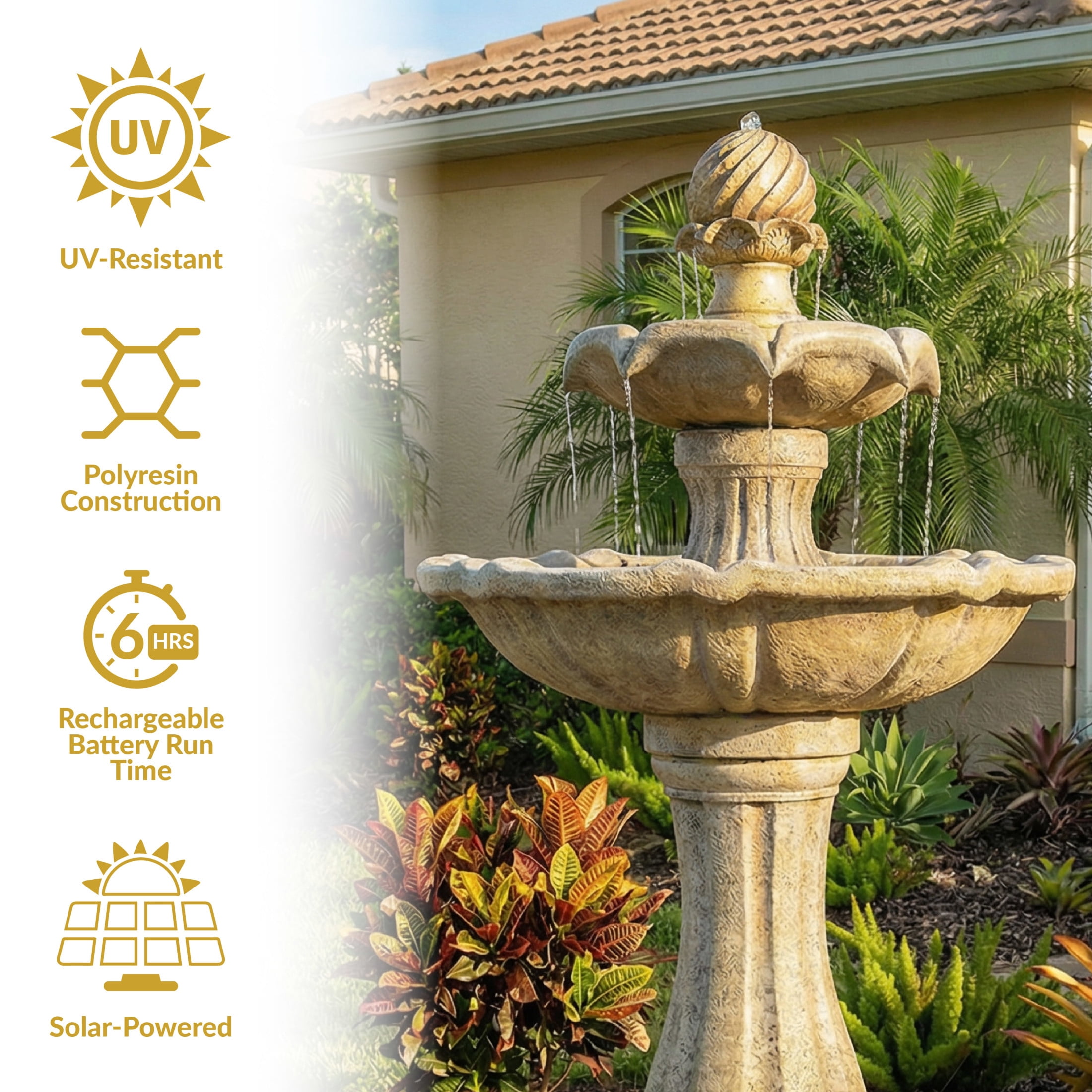 Sunnydaze 45" 2-Tier Arcade Solar Outdoor Water Fountain with LED - Earth