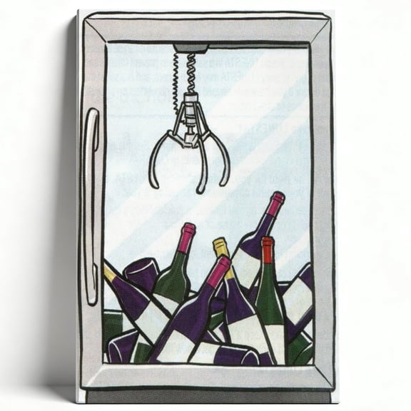 Funny Wine Lover Framed Canvas Wall Art, Humorous Cartoon Refrigerator With Wine Bottles Print, Whimsical Kitchen Bar Decor, Unique Gift For Wine Enthusiasts 8*12inch(20*30cm)