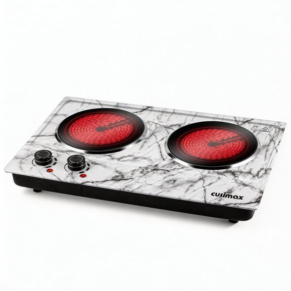 CUSIMAX Plaque de Cuisson à Induction 1800W, Plaque Chauffante Électrique Portable, Double Brûleur, Plaque de Cuisson en Verre Infrarouge, Convient à Tous les Ustensiles de Cuisine, Marbre Blanc