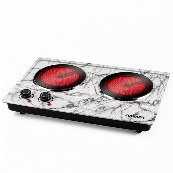 CUSIMAX Plaque de Cuisson à Induction 1800W, Plaque Chauffante Électrique Portable, Double Brûleur, Plaque de Cuisson en Verre Infrarouge, Convient à Tous les Ustensiles de Cuisine, Marbre Blanc
