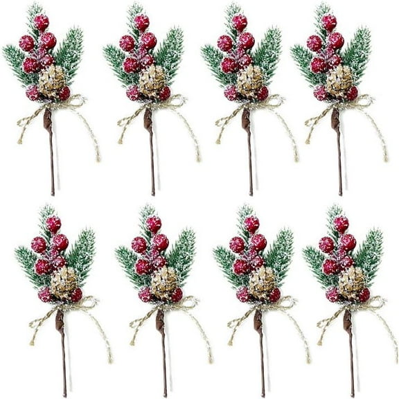 8Pcs Christmas Berries Red Stems Evergreen Pine Branch, Christmas Picks Spray Artificial Pine Cones Holly Stem Craft Winter Holiday Floral Picks for Decor DIY Xmas Garland Wreath Ornament , 8In