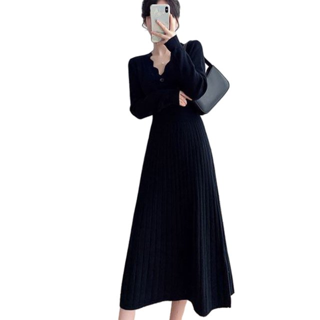 Jumpingount Vestido Midi de punto de manga larga con cuello en V, suéter de Color sólido de cintura alta, fiesta de vacaciones, ropa de invierno y otoño, Vestidos Negro S Jumpingount AP008203-03