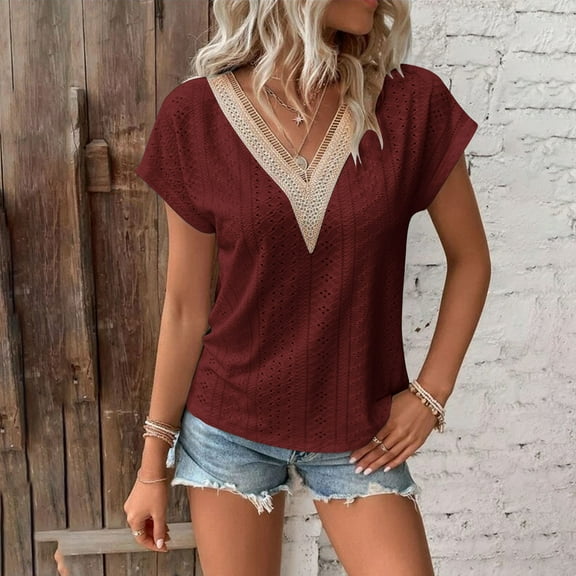tarylea Womens Tops Short Sleeve V Neck Eyelet Blouse Casual Loose Summer Dressy Color Blocked Shirts