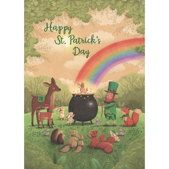 RSVP Cute Leprechaun, Rainbow, Pot of Gold and Animals in Meadow St. Patrick's Day Card
