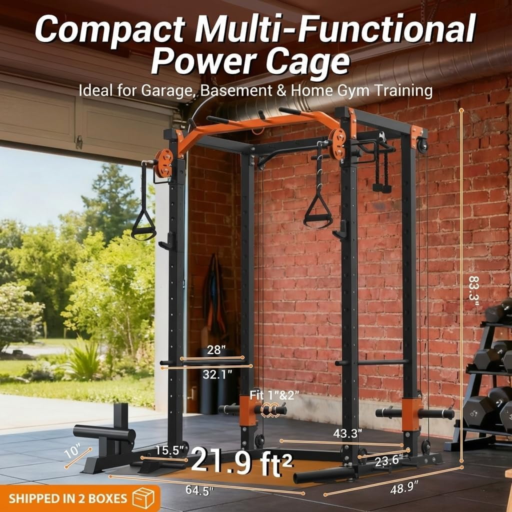 JoanKaren Power Rack Cage,2000lbs Capacity Weight Rack with Adjustable Cable Crossover Machine,Multi-Function Squat Rack with J Hooks,Dip Bars and Landmine,Balck&Orange