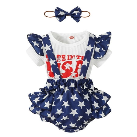 

Awoscut 4th of July Infant Baby Girls Outfit Fly Short Sleeve Ribbed Letter Romper + Suspender Shorts + Headband Summer Clothes 3Pcs Set