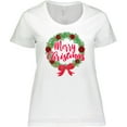 thumbnail image 3 of Inktastic Merry Christmas Wreath with Red Bow and Ornaments Women's Plus Size T-Shirt, 3 of 5