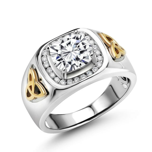 Gem Stone King 925 Silver and 10K Yellow Gold Men's Lab Grown Diamond Set with Ring Cushion Moissanite (2.66 Cttw, Size 11)