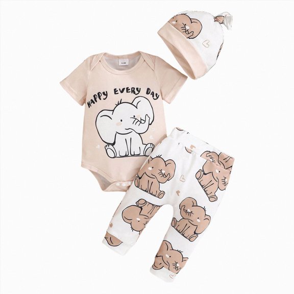 Splozh Baby Boy Clothes Winter 3 6 9 12 18 Months Newborn Boy Clothes Set Cute Cartoon Printed Short Sleeve Pants Three Piece Set,Khaki,3-6 Months