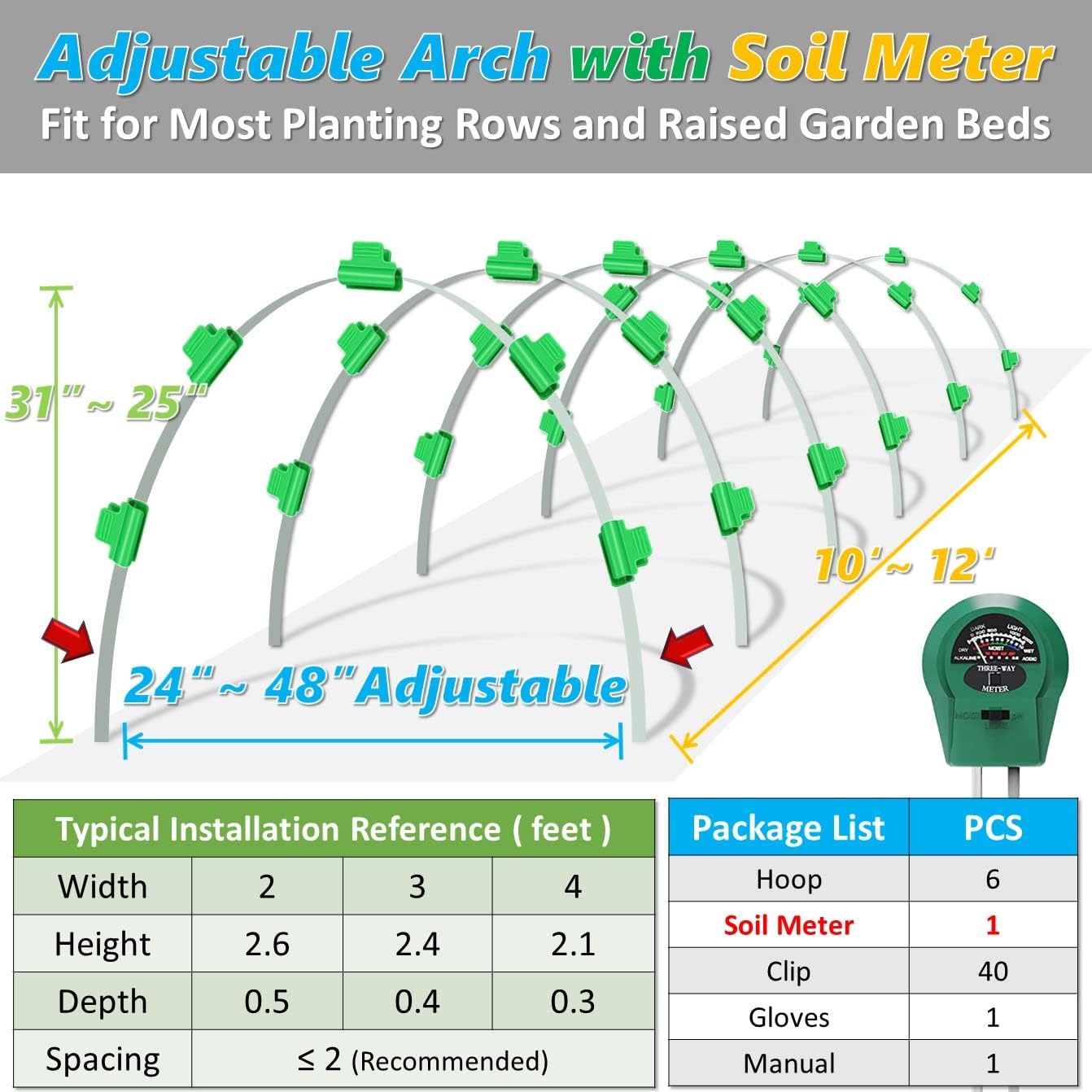 FlexiGrow Garden Hoops with 3Way Soil Meter and 40 Big Clips for 24ft