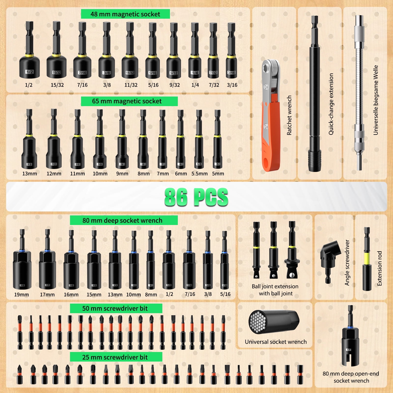 86PCS Magnetic Impact Nut Driver Set, Metric & SAE Nut Driver Bits with Extension Bit Holder, Universal Socket, Wing Nut Driver and Power Bits, Storage Case Included