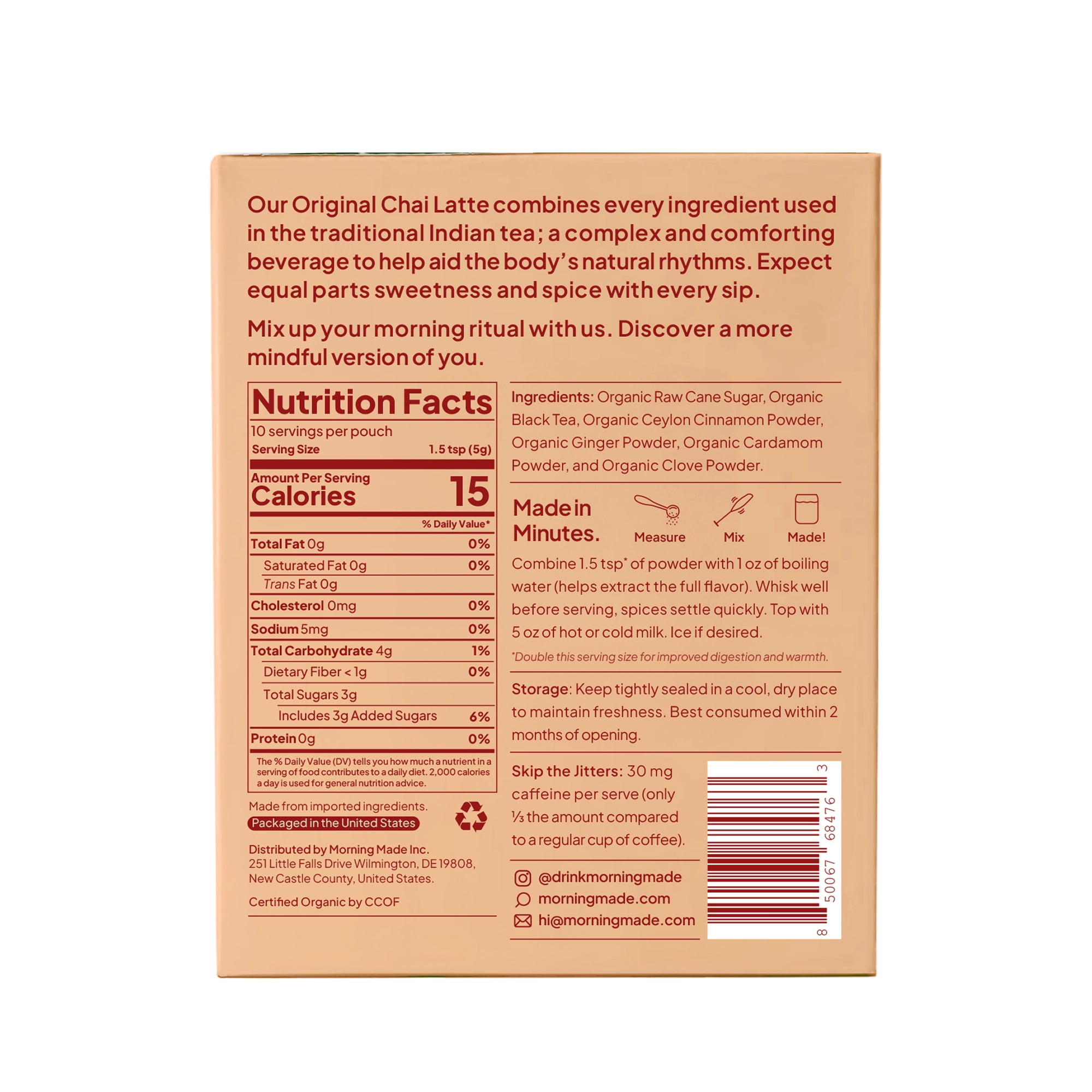 Morning Made Premium Blend Organic Chai Latte Powder, Original, 10 Servings