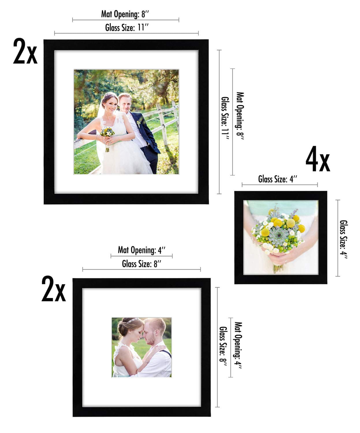 Americanflat Square Picture Frame Set in Black with Shatter Resistant Glass and Easel Stand - Various Dimensions - Pack of 8