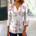 thumbnail image 1 of Hauts d'Été Mignons pour Femmes Manches 3/4 Évasées Imprimées Boutonnées Basiques Froncés Hauts Plissés T-shirts Blouses Hauts d'Été pour Femmes en Liquidation, 1 of 5