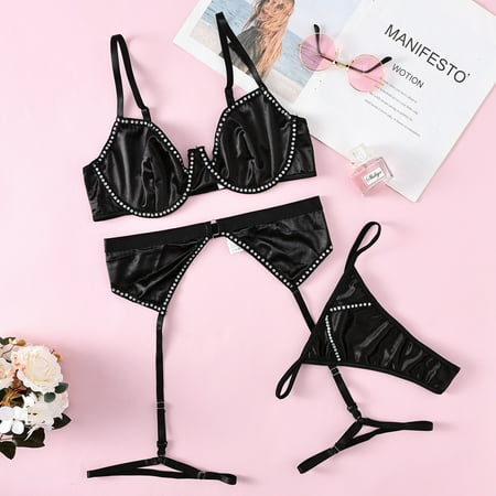 Generic New Steel Ring Push up Lace Rhinestone Hollow Sexy Lingerie Three-Piece Set 27878