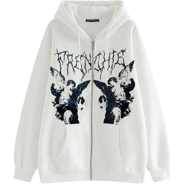 Sudadera con capucha con estampado de retrato para mujer, Tops cortos, cárdigan de manga larga con cremallera de gran tamaño, sudadera, ropa informal gótica Punk con bolsillo Xemadio WMZL-2185-3