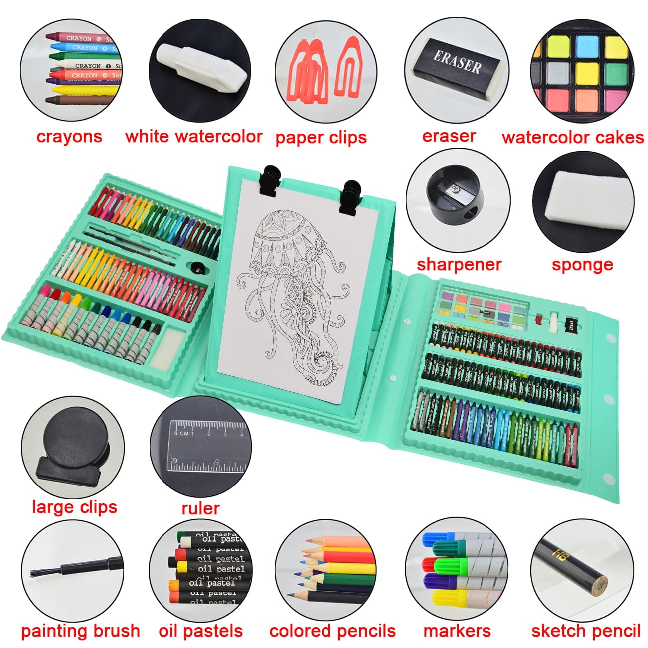 Bibana 185 Pieces Double Sided Trifold Easel Art Set, Drawing Art Box with Oil Pastels, Crayons, Colored Pencils, Markers, Paint Brush, Watercolor Cakes, Sketch Pad (Green)
