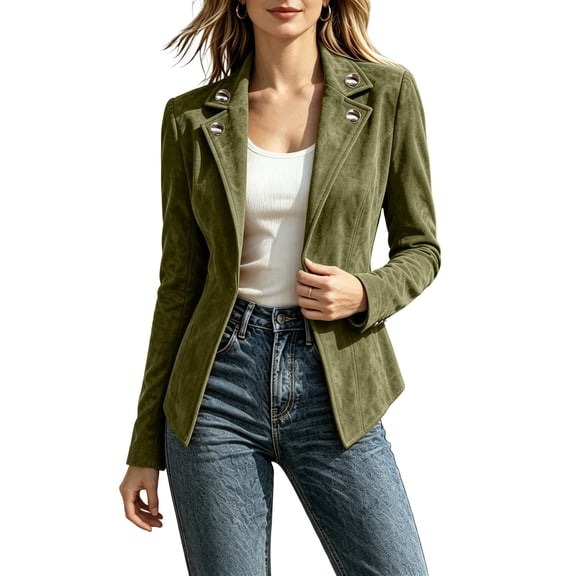 Sorvello Women’s Short Faux Suede Jacket Tailored Fit Notch Lapel Button Closure Structured Coat Army Green L