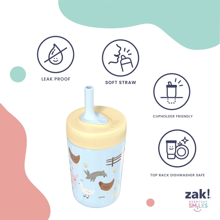 Zak Designs 9.5oz Farm Animals Kids Straw Tumbler, Stainless Steel