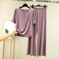 thumbnail image 2 of mihongmao Summer Womens Sweatsuits 2 Piece Set Summer Outfits Women Fashion Round-Neck Casual Solid Short Sleeve Outing Long Pants Sets Purple 2X, 2 of 5