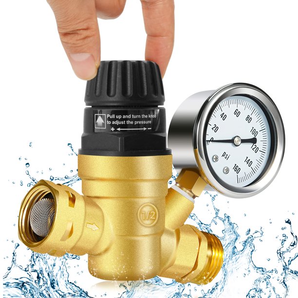 Boltigen Regulador de presión de agua para RV con manómetro Regulador de presión de agua con mango ajustable para RV Camper Reductor de presión de agua de latón sin plomo para RV Ajuste para RV Remolq
