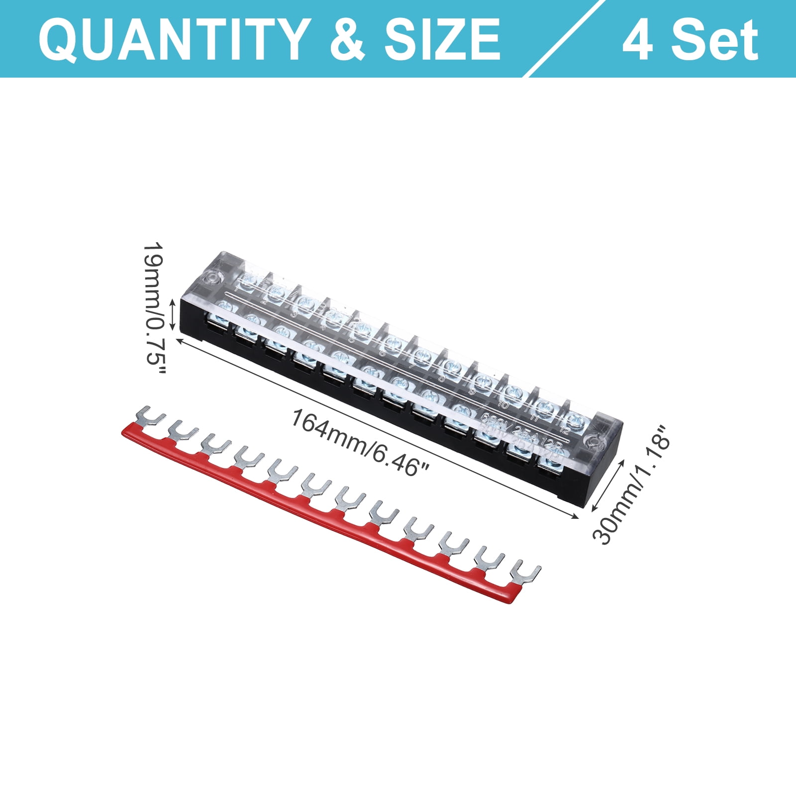 Uxcell 4 Pcs Dual Row Terminal Block, 600V 25A 12 Positions Screw Terminal Block with 4PCS Pre-Insulated Barrier Strips for Power System, Home Appliances