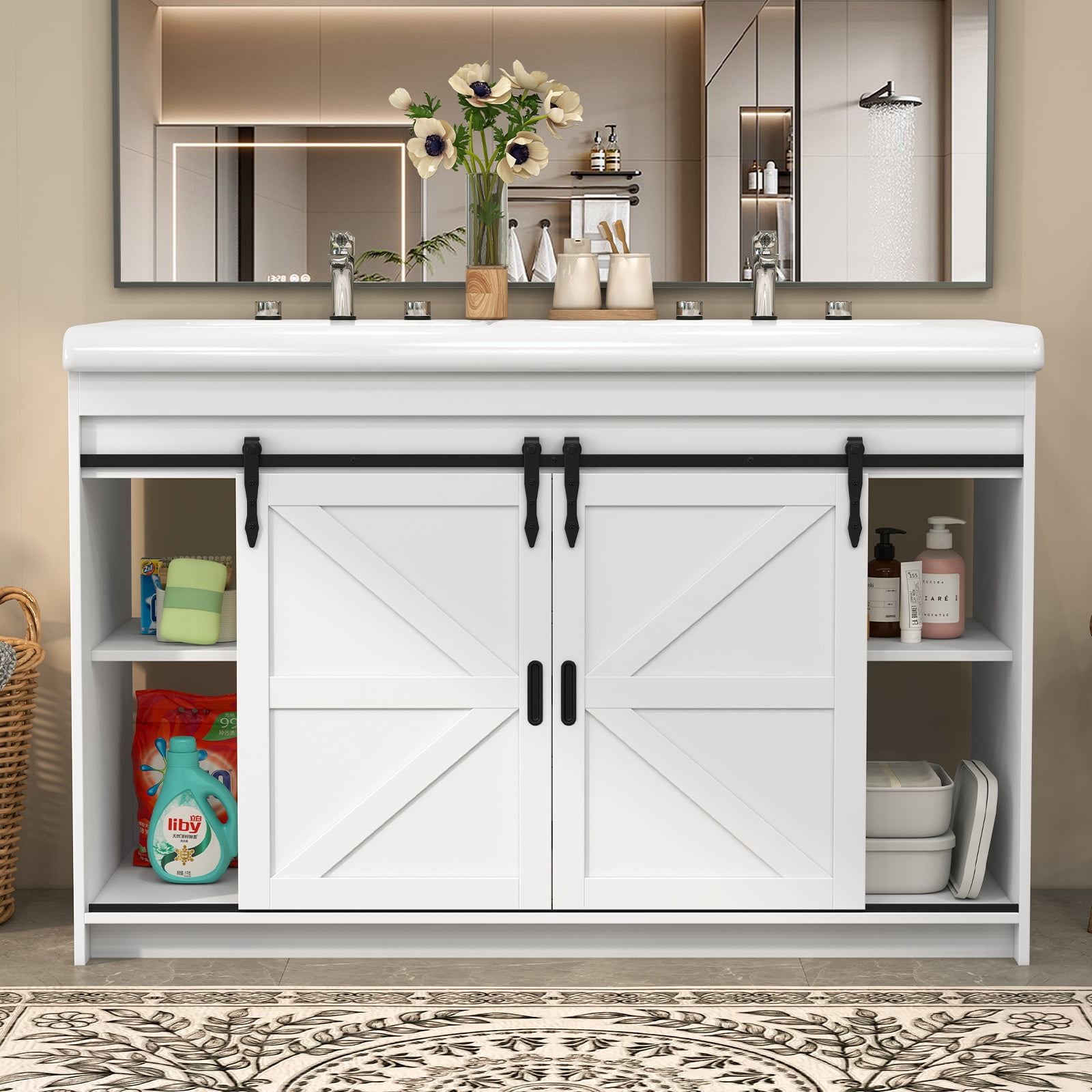 Jarbalai 47" Freestanding Bathroom Vanity with Double Ceramic Basin and Sliding Doors, White