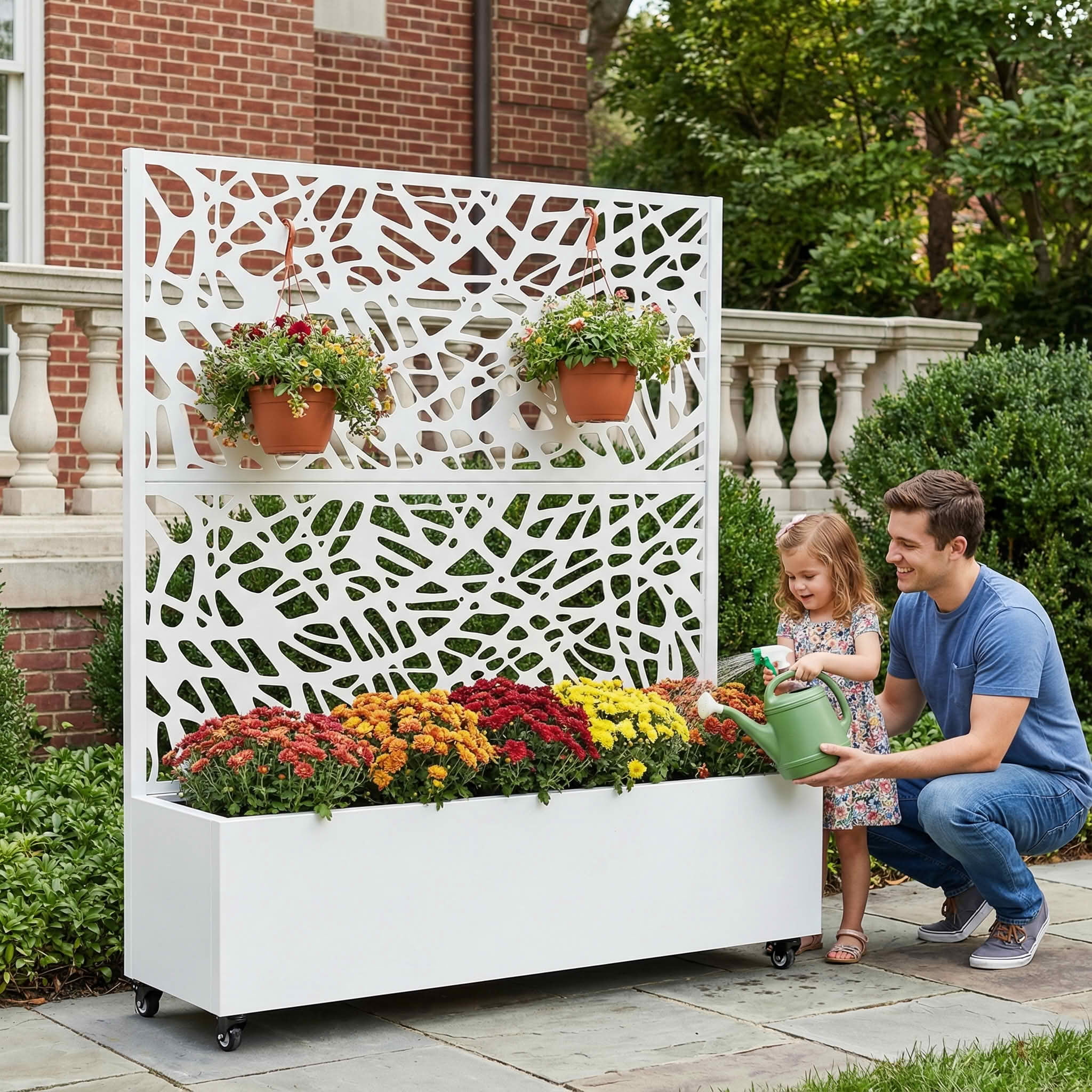 MAYEERTY 47X47" Metal Outdoor White Privacy Screen with Planter Box for Backyard & Garden, 2 Piece Set