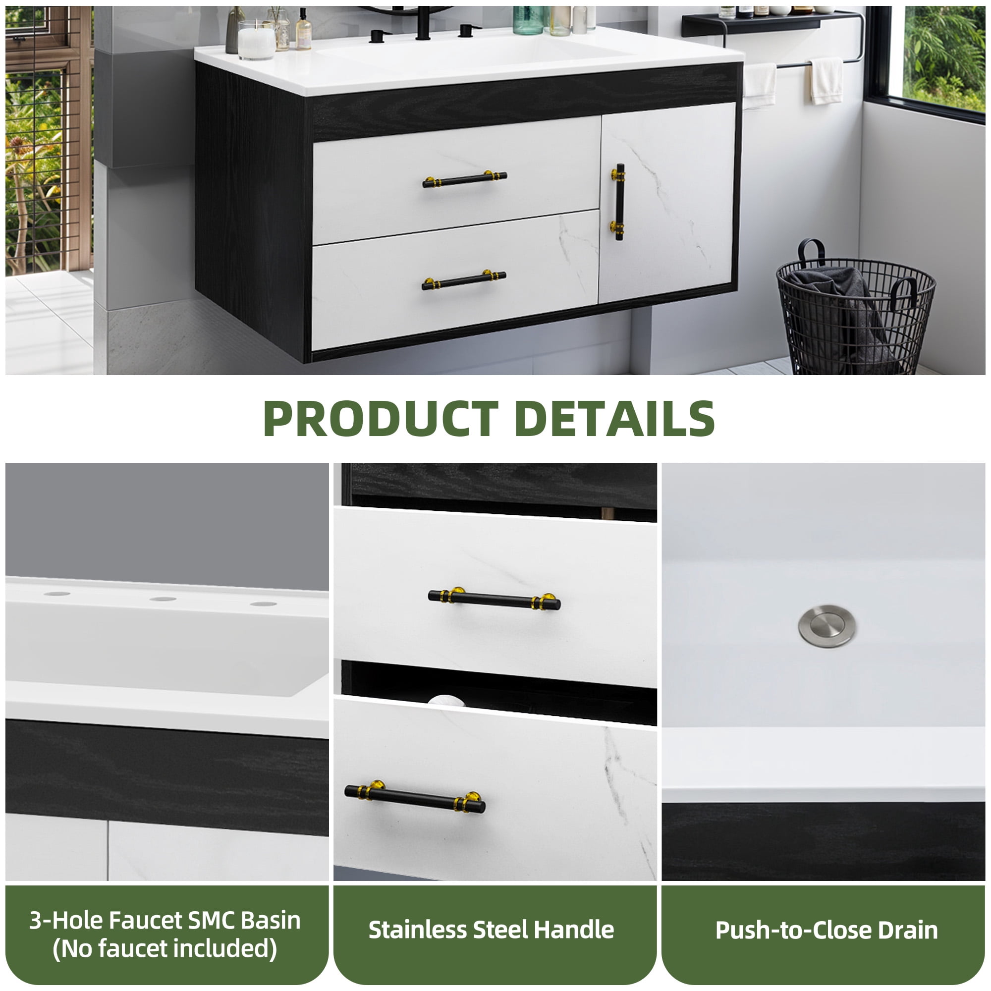 Uforic 37" Wall-Mounted Bathroom Vanity with Sink,  Floating Bathroom Cabinet with 2 Drawers