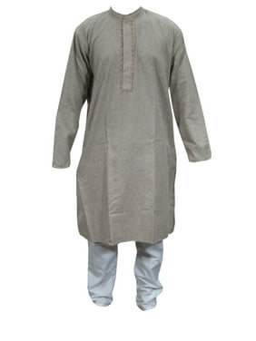 Mogul Men's Kurta Pajama Set Long Sleeve Mandarin Collar Grey Tunic With White Bottom