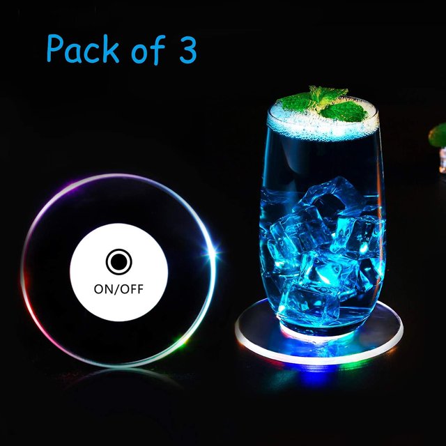 3 Pack Boisson LED Sous-Verres, Marche / Arrêt une Fois LED Sous-Verres de Couleur