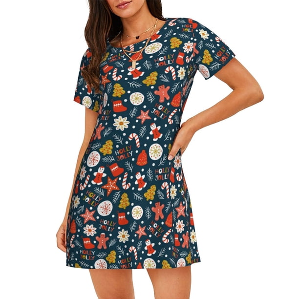 Fotbe Holiday Christmas Cookies Bata de Dormir para Mujer con Estampado, Camisón de Algodón de Manga Corta, Ropa de Dormir Casual