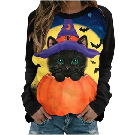 

Moxiu Women Plus Size Oversize Loose Sweatshirt Round Neck Long Sleeve Pullover Tops Cute Cat Pumpkin Printed Halloween Casual Patchwork Shirt Blouse