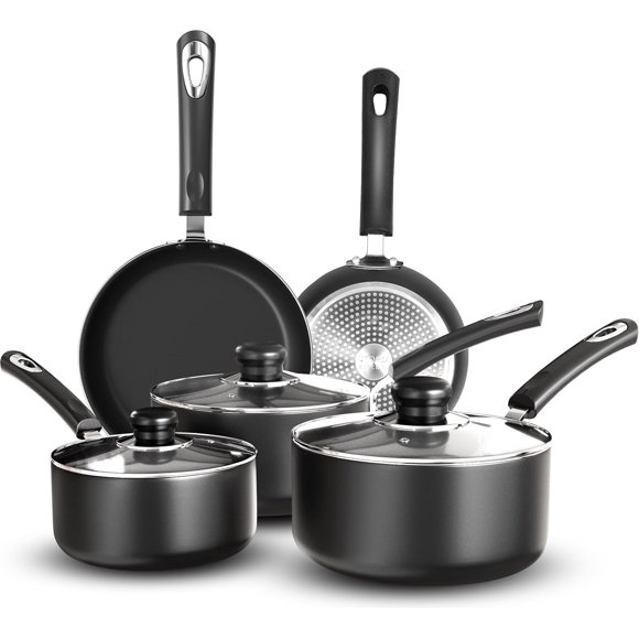 Kitchen Pots and Pans Set Non Stick 5pcs Induction Frying Pans 20cm 28cm, Saucepan with Lids 20cm, 18cm, Non Induction Saucepan 16cm, Bakelite Handles Oven and Dishwasher Safe Pots Set, Black