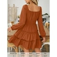 thumbnail image 6 of Fancyglim Dress for Women Long Sleeve Square Neck Short Dress Tiered Ruffle A-Line Flowy Mini Dresses with Pockets Brown L, 6 of 7