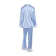 thumbnail image 4 of Womens Feather Trim Silk Satin Pajama Button Down Long Sleeve and Pants Set Sleepwear Loungewear, 4 of 6