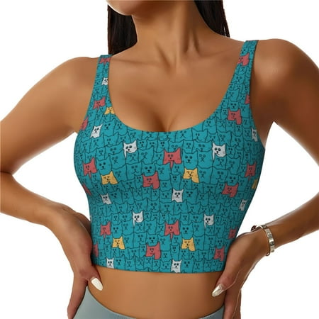 Jgfou Funny Cat Blue Print Womens Sports Bra - Padded Workout Sports Bras Crop Tank Top
