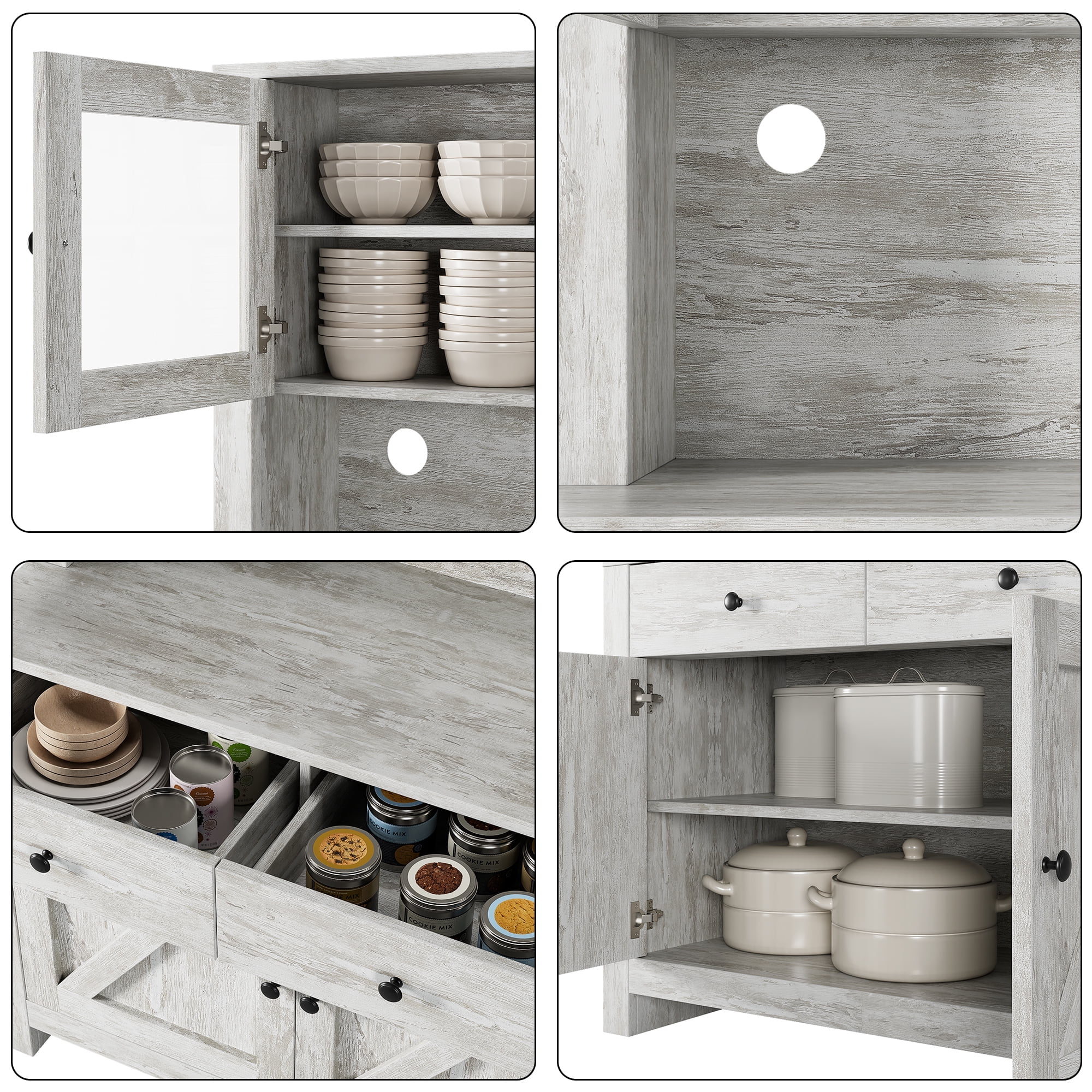 63.4"H Kitchen Pantry Cabinet with Microwave Stand, Freestanding Hutch with Drawers, Doors & Adjustable Shelves, Buffet Cabinet with Storage, Food Pantry for Kitchen, Dining Room