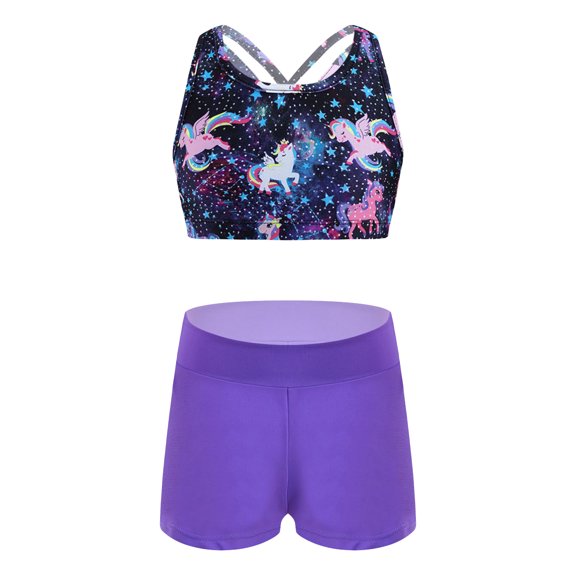 Hansber Girls 2Pcs Sport Outfits Crisscross Straps Sleeveless Crop Tops with Shorts Set Gym Yoga Activewear Pegasus Starry Black 12