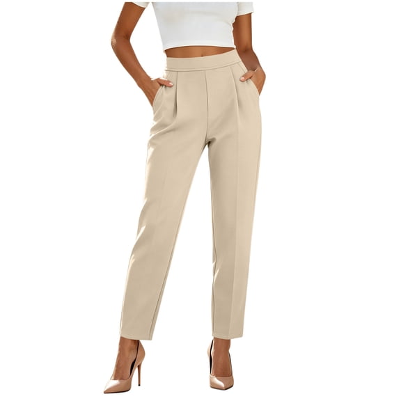 Htigea Women's Dress Pants High Waisted Slim Ankle Pant Solid Color Work Office Trousers with Pockets Beige S