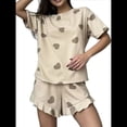 thumbnail image 1 of Conjunto de Pijama Estampado para Mujer: Jersey de Corta y Pantalón Corto Corazón de Amor Marrón L, 1 of 8