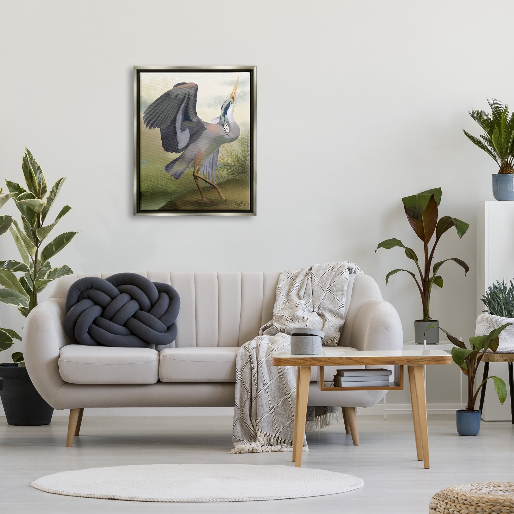 Stupell Industries Crane Dance Landscape Animals & Insects Painting Gray Floater Framed Canvas Art Print Wall Art, 25 x 31