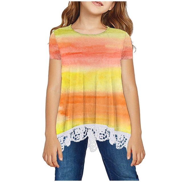 MeetoTime Kids Short Sleeve Tops Summer Casual Round Neck Gradient Color Lace Layered T-Shirt Tee for Girls