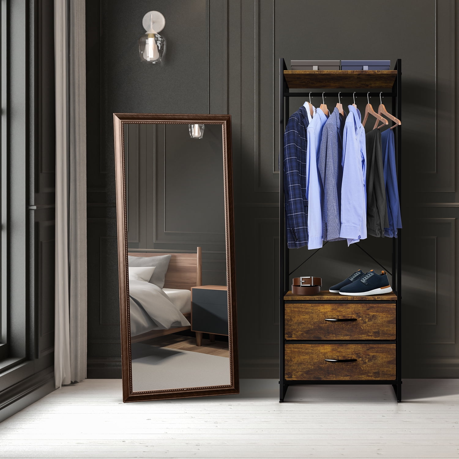 Sorbus Clothing Rack with 2 Drawers, Wood Top, Steel Frame, Rustic Brown