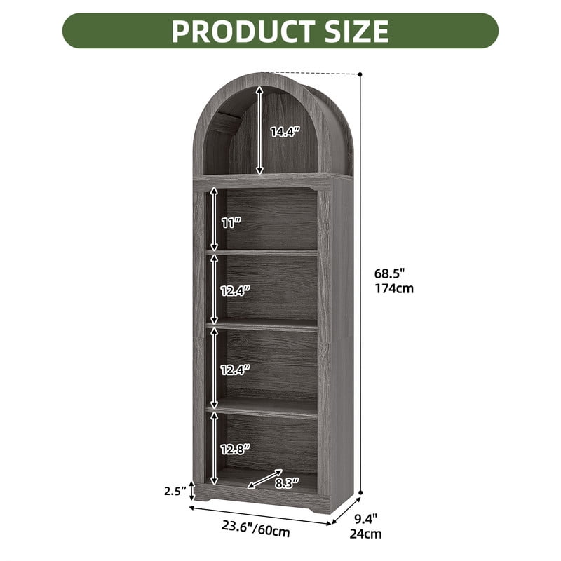 Uforic 5 Tiers Arched Bookshelf, 68.5" Tall Modern Bookcase Display Storage Rack Wooden Bookshelves, Gray