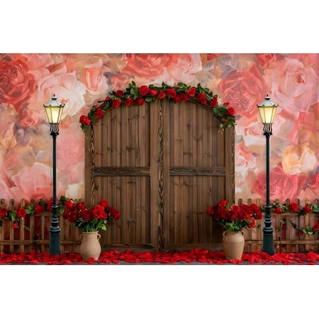 Image of Pink Wedding Ceremony Background for Photography Rustic Wooden Board Arch Door Rose Flowers Birthday Portrait Backdrop